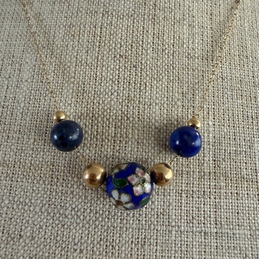 14k Gold Lapis Lazuli & Cloisonné Beaded Necklace